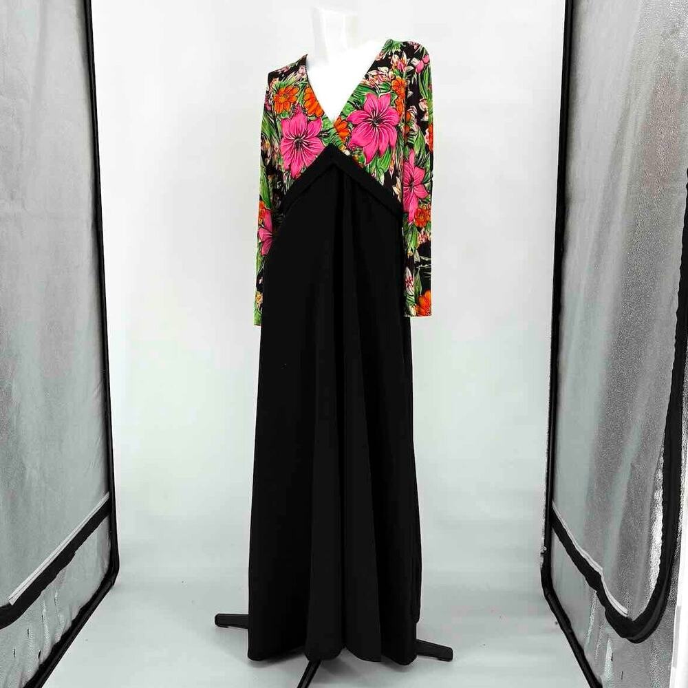 Vtg 70s Black & Tropical Print Empire-Waist Maxi Hostess Dress - Size XL